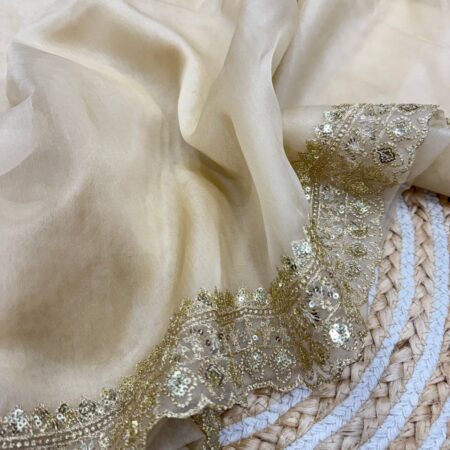 Luxurious Ivory Organza Dupatta with Heavy Golden Sequin & Zari Cutwork Border – Perfect for Weddings & Festive Layering